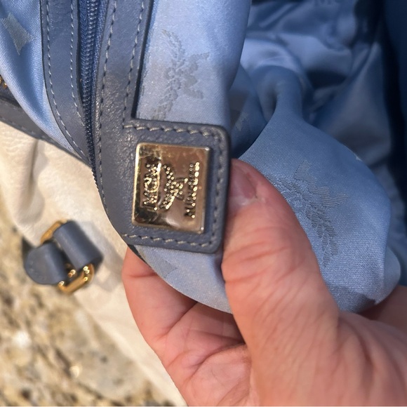 MCM Munich Leather Satchel Top Handle Bag Cream Blue Gold Hardware - Picture 12 of 13